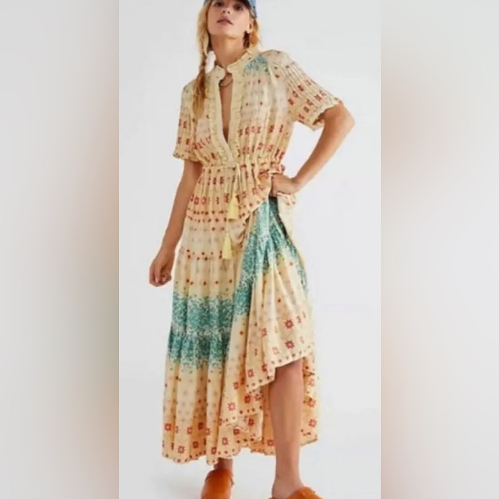 Free People Cream Yellow Floral Maxi Dress with Teal Bands - Picture 4 of 7